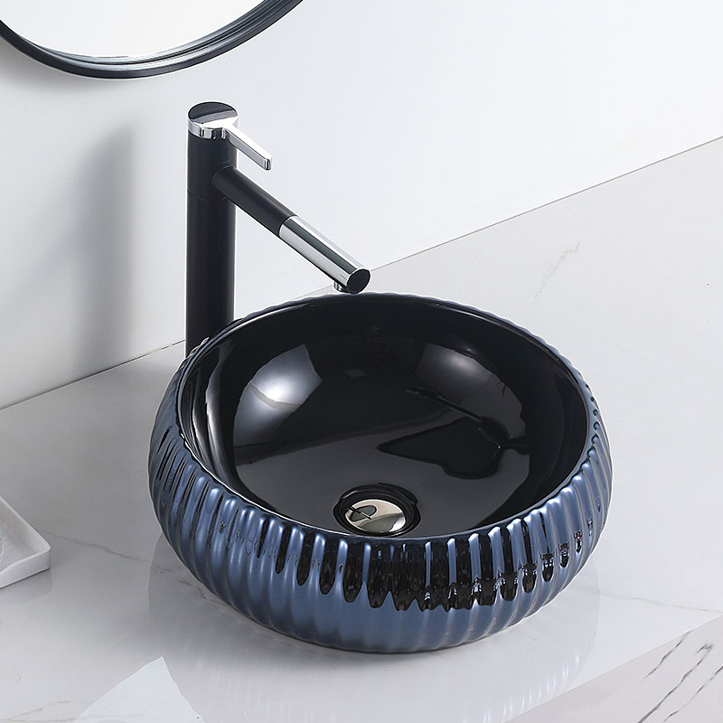 Fancy Black Counter top basin navy blue bathroom porcelain sinks decorated electroplated table top wash basin