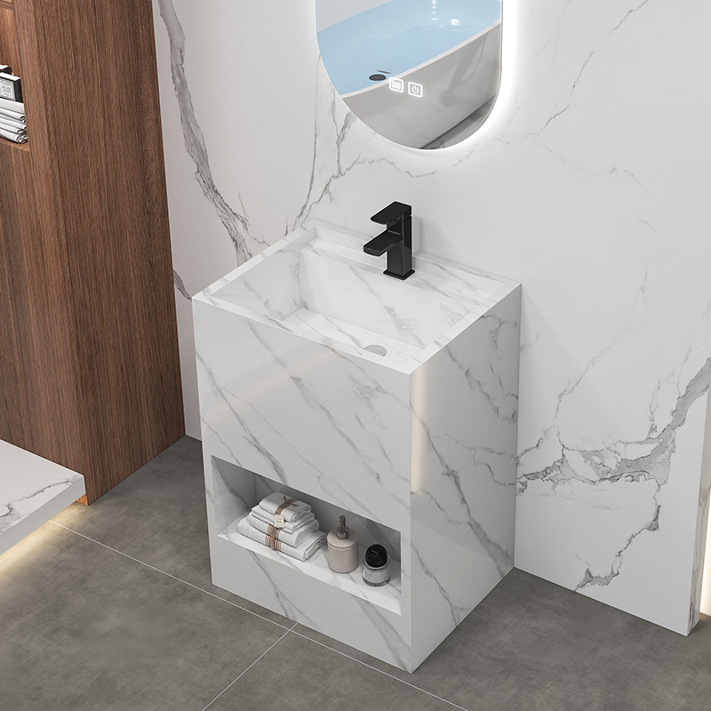 2023 New Corner Small Grey Marbled Floor Standing Bathroom Vanity Cabinets Set With Led Mirror