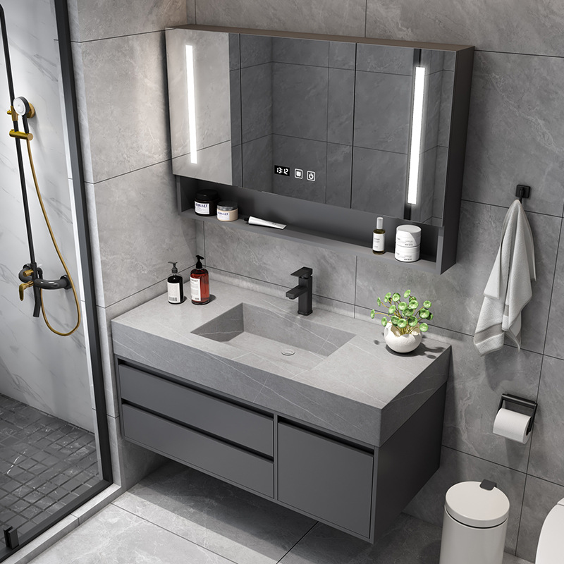 Hotel Solid Wood Wall Mount Dark Gray Washroom Storage Cabinet Combo Marble Floating Vanity Bathroom