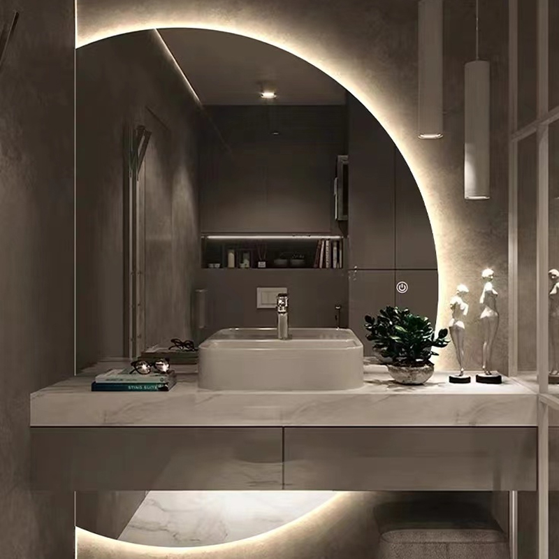 Hotel Touch Screen Wall Decorative Mirror Bathroom Vanity Half Moon Led Lighted Smart Makeup Backlit Bath Mirror