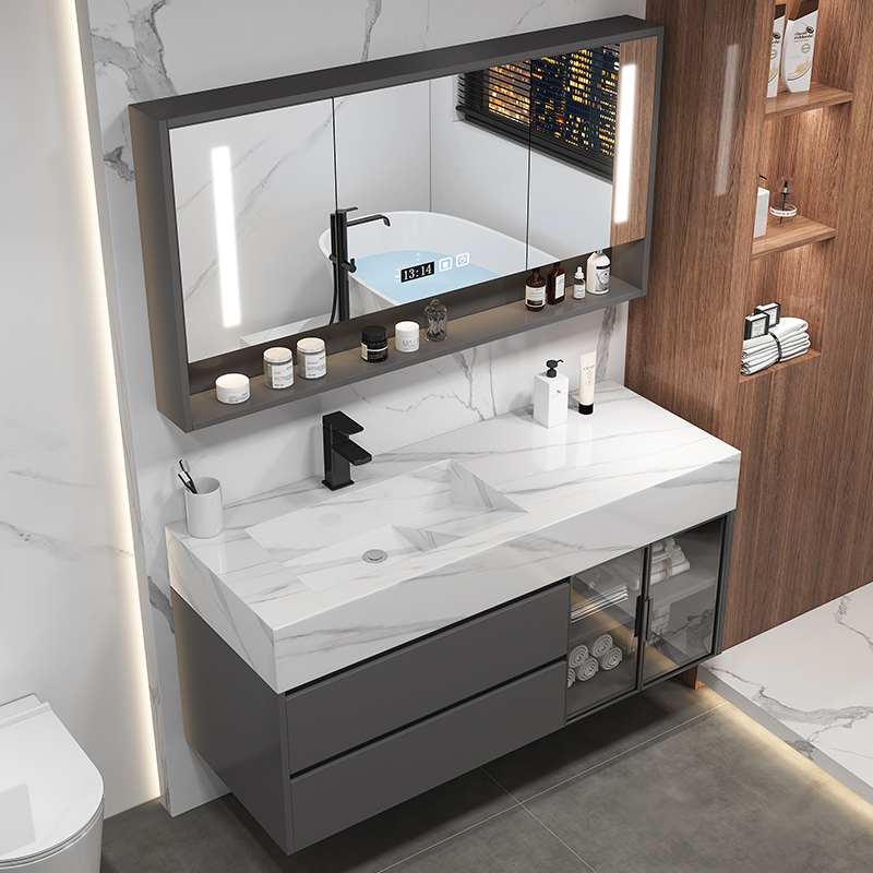 Luxury Floating Shower Vanity Wall Mounted Wood Bathroom Cabinet Set With Smart Led Mirror Cabinet