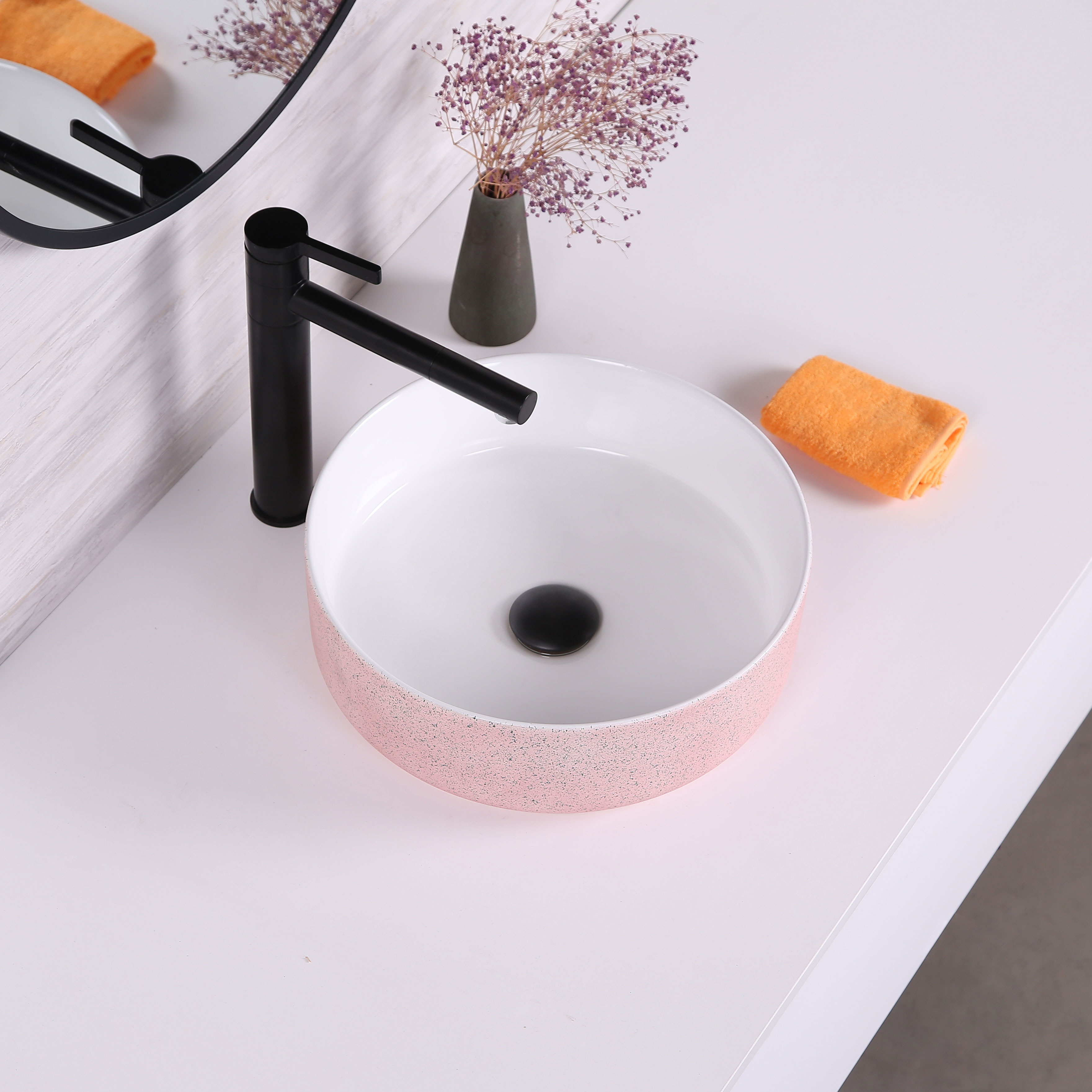 OEM ODM Mat banyo seramik lavabolari Round Vessel Sink For 4star Hotel Bathroom Wash Basin Ceramic Matte Pink Countertop Sinks