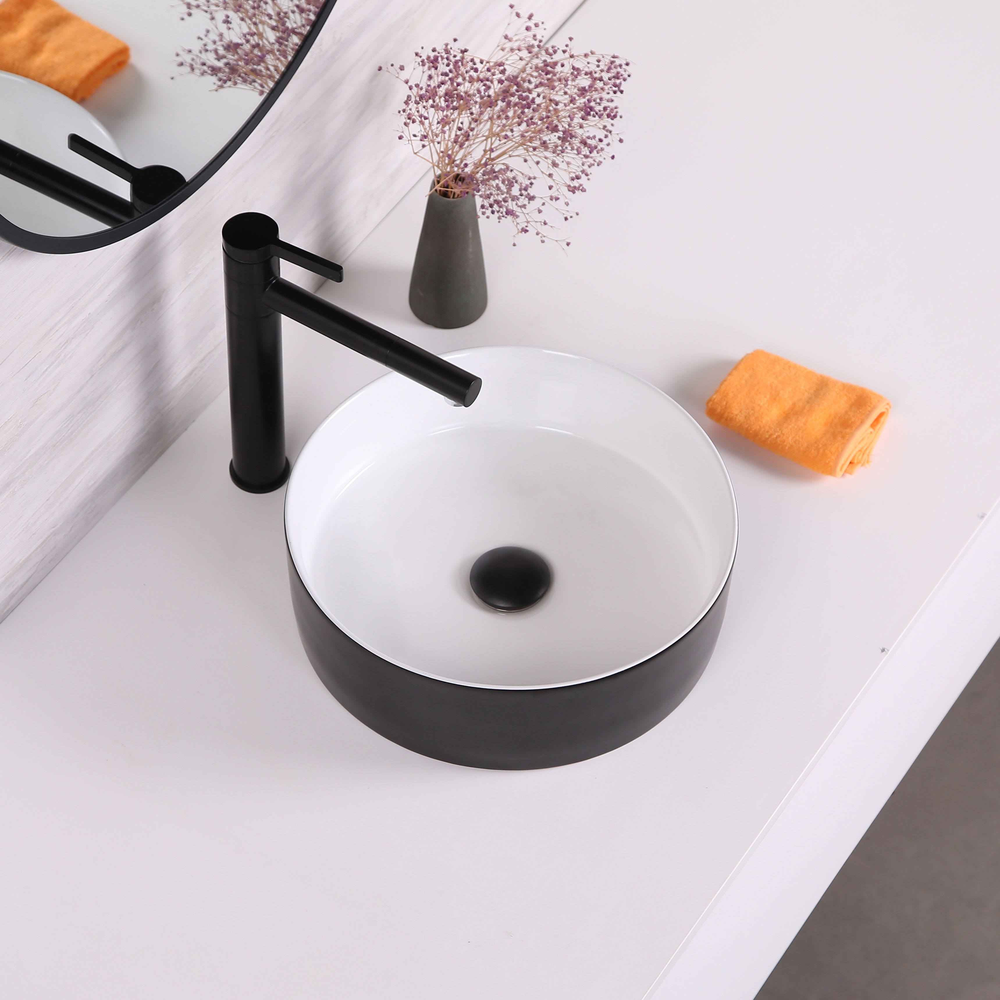 Professional ODM OEM Bulat Wastafel Keramik Kamar Mandi Bathroom Matt Black Wash Basin Sink Round Ceramic Art Countertop Basin