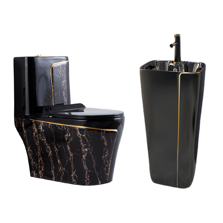 Luxury Water Closet Ceramic Bathroom WC Toilet Sink Set One Piece Black Gold Toilet Bowl Combo