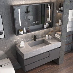 Top Suppliers Toilet Mirror Cabinet - Modern Gray Wall Mount Bathroom Vanity Hotel Solid Wood Washroom Storage Cabinet Set Marble Floating Vanity – Anyi