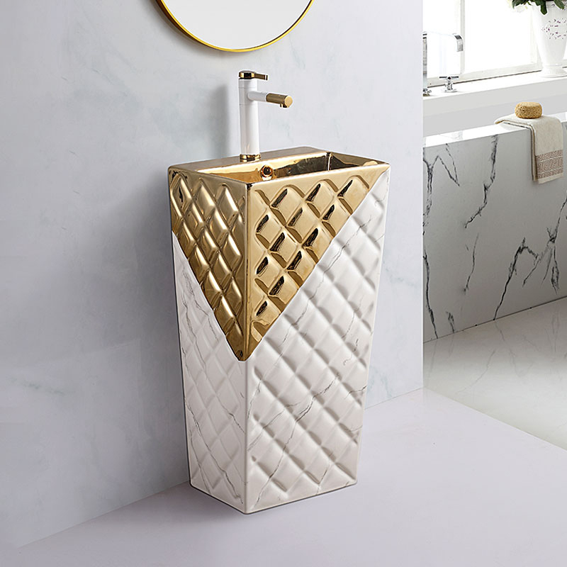 Excellent quality Countertop Basin - Rectangular gold Marble Pedestal Wash Basin One Piece Free Standing Ceramic white Pedestal Sink Basin – Anyi