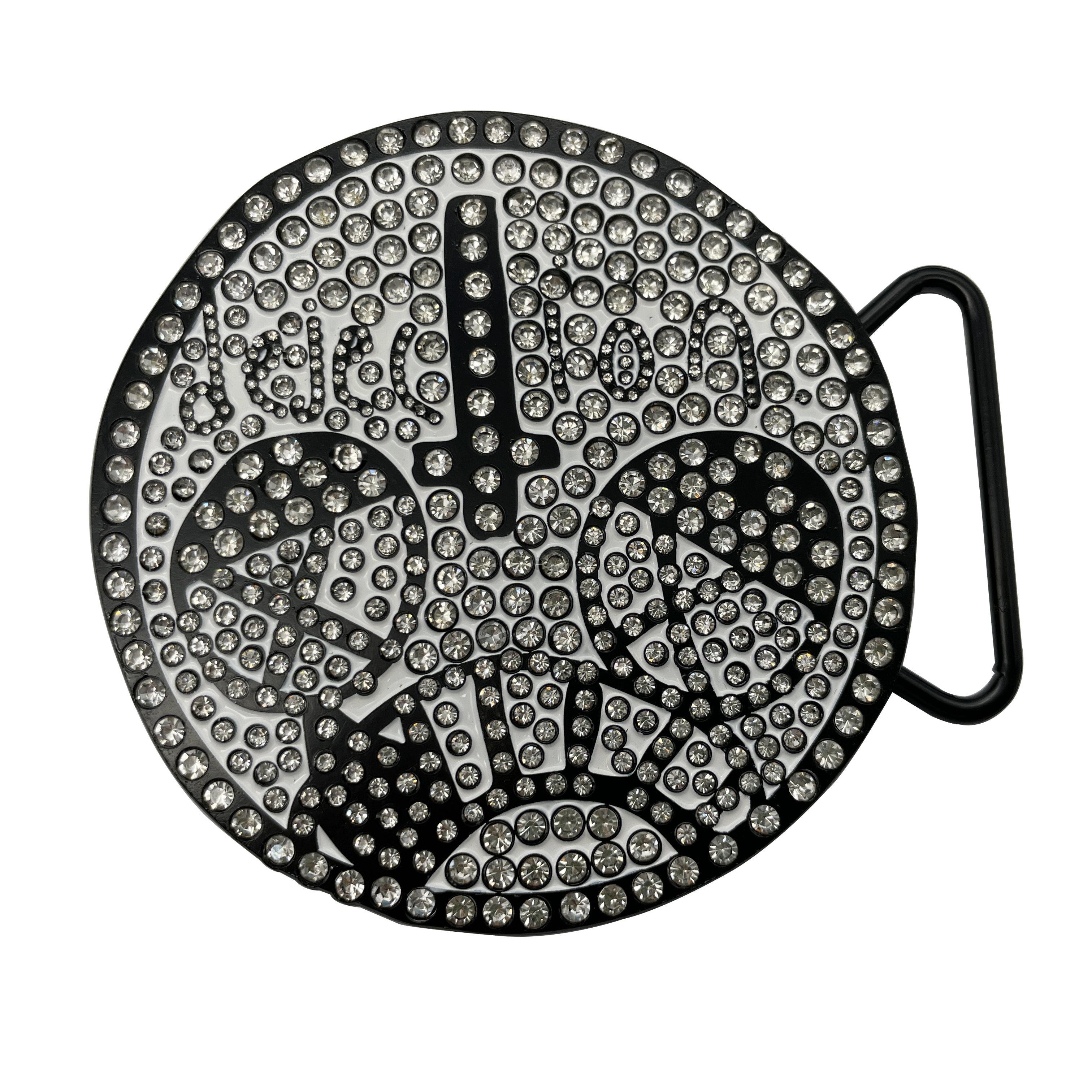 Spersonalizowany czarny pasek ze srebrną klamrą w kształcie diamentu