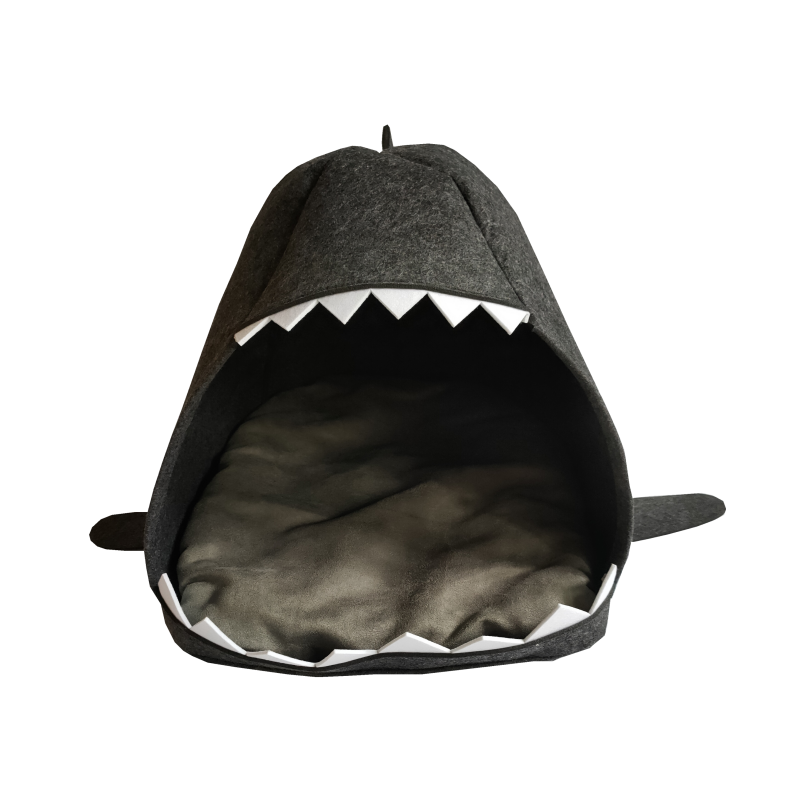 Design de tubarão Casa de feltro de poliéster ecológica para animais de estimação ninho de gato interno lavável com tapete