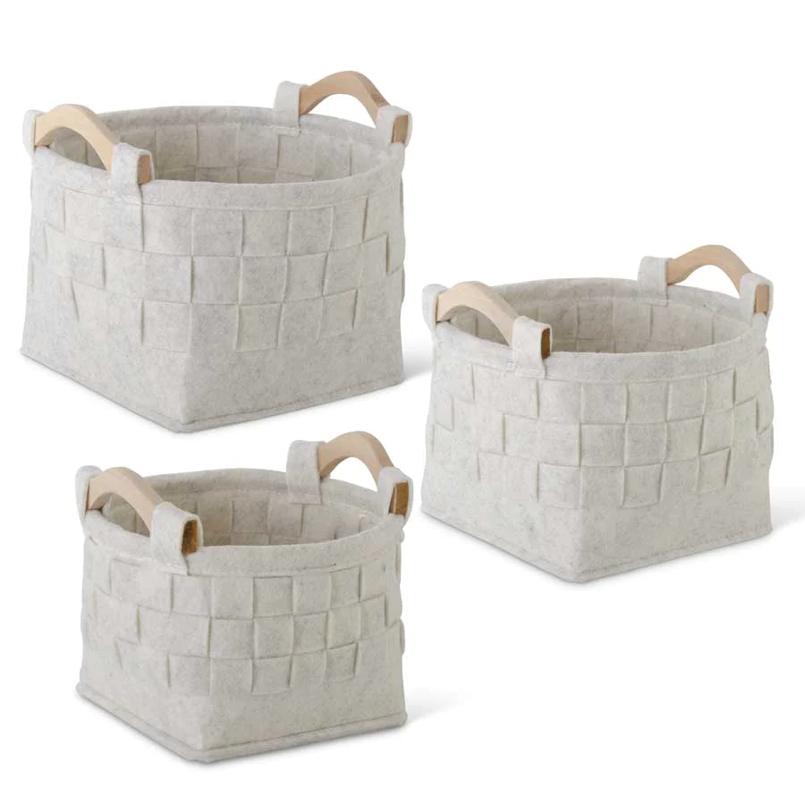 Oem Foldable felt storage basket Round Woven Cream Felt Nesting Baskets with Wood Handles