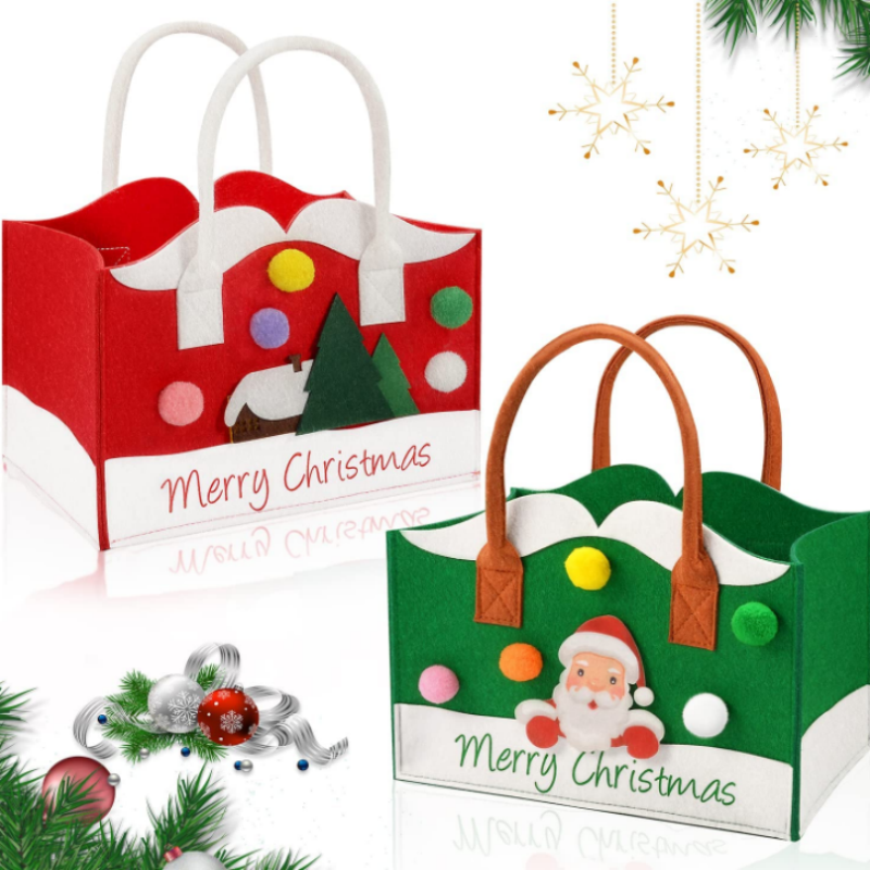 Saplı Noel Bez Çantalar Keçe, Noel Baba ile 2 PCS Yeniden Kullanılabilir Noel Hediye Çantaları