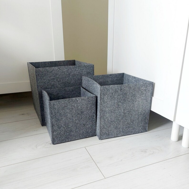 အထည်အရုပ်အတွက် မီးခိုးရောင် 3 Felt Storage Baskets စတုရန်းပုံးတုံး