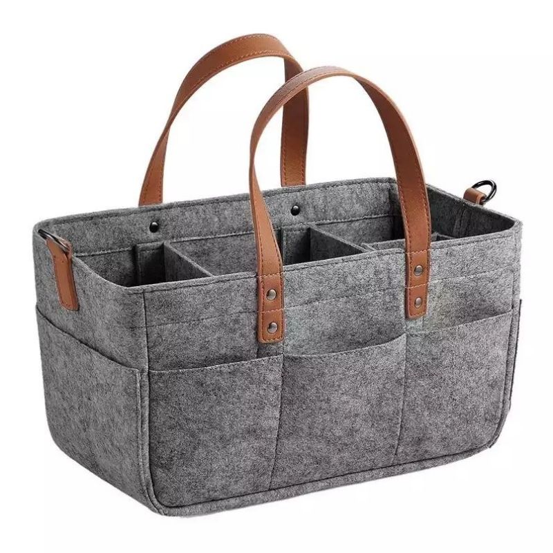 High Quality Felt Storage Bin - grey thick felt baby diaper caddy organiser bag with leather handle – Renshang
