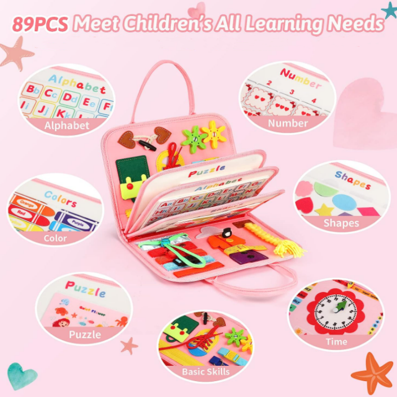 Pink 89Pcs Montessori Sensory Board for 2/3/4 Toddler Educational Activity for Basic Dress Motor Skills