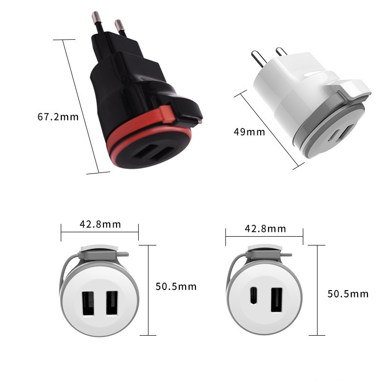 2 Port USB Wall Charger With Retractable Lighting Cable/ Micro USB/ Type C Cable  5V 2.1A Travel Charger Power Adapter