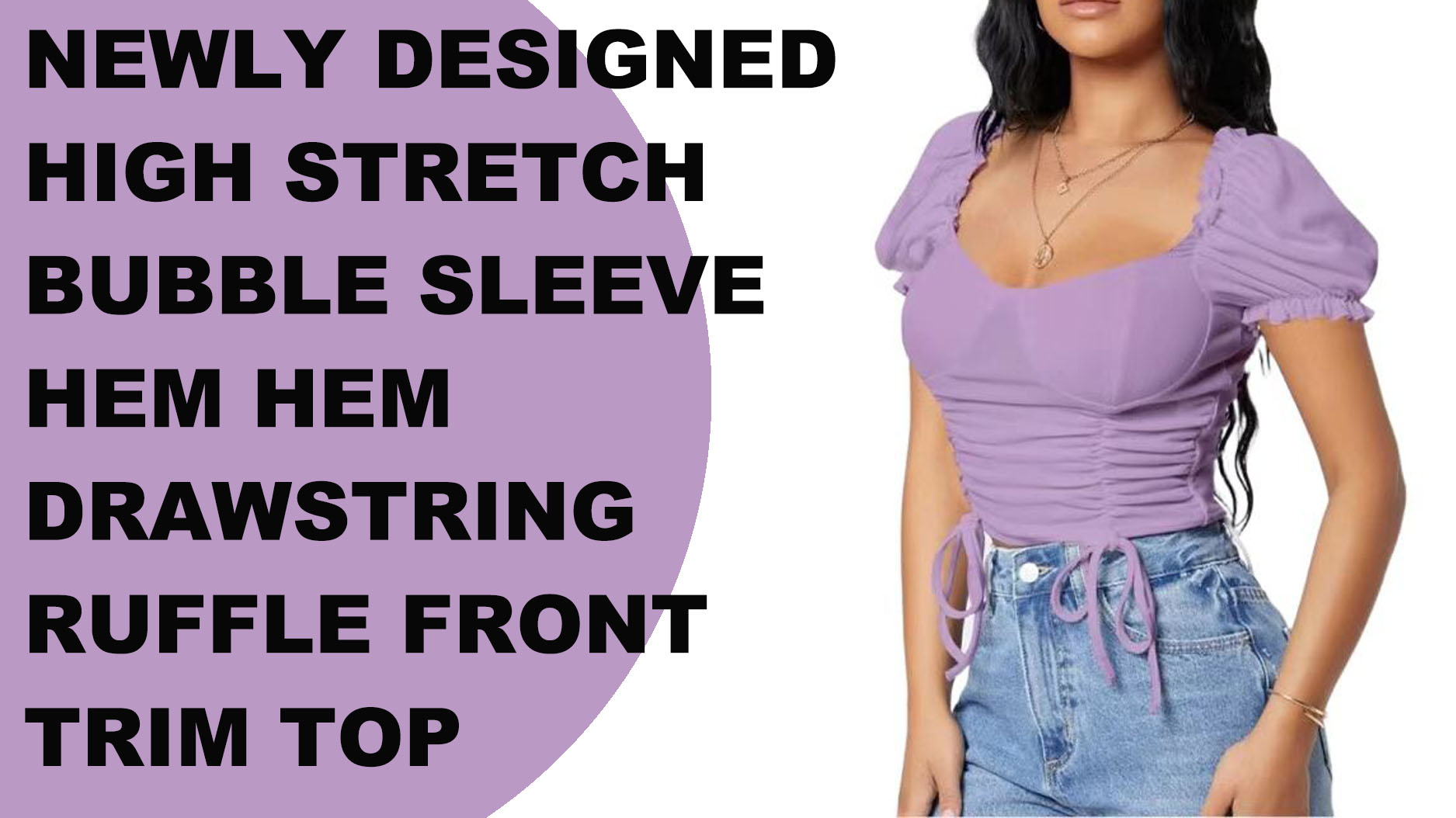 Newly designed high stretch bubble sleeve hem hem drawstring ruffle front trim top for women