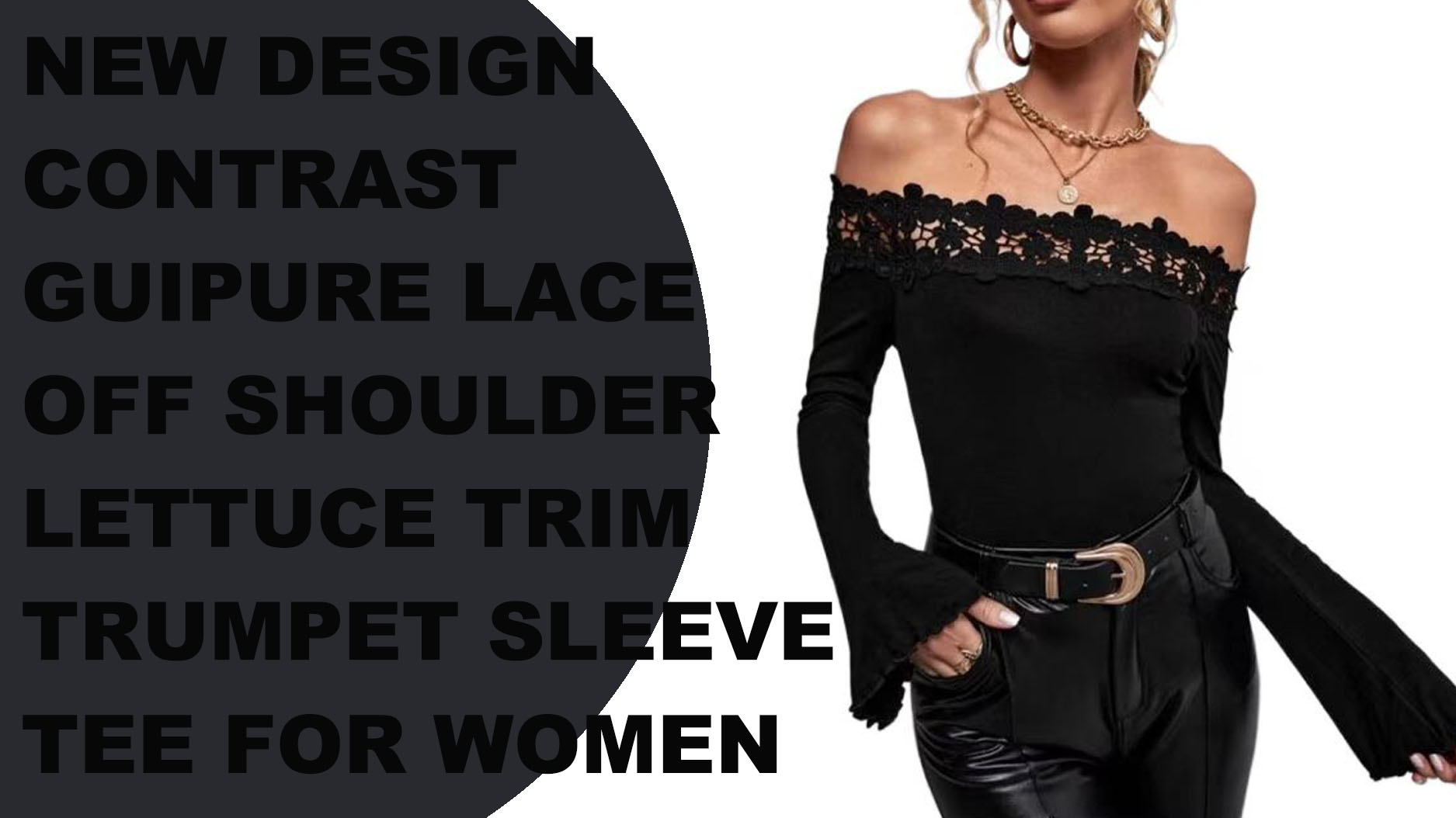 New design contrast Guipure Lace Off Shoulder Lettuce Trim Trumpet Sleeve Tee for women