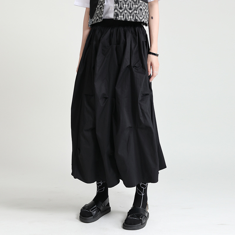 Black Loose High Waist Cotton Midi Skirt