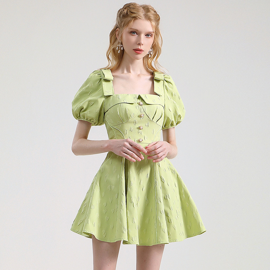 Elegant Green Puff Sleeve Jacquard Dress (4)