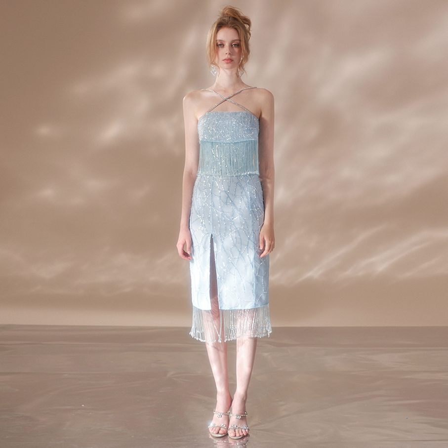 Gorgeous Bright Gem Blue Crystal Tassel Dress Featured Image