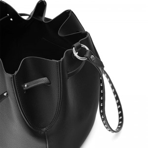 Custom Leather Women Drawstring Handbag Black Studded Bucket Bag
