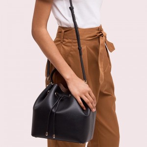OEM Black Crossgrain Leather Handbag Fashion Bucket Bag For Women