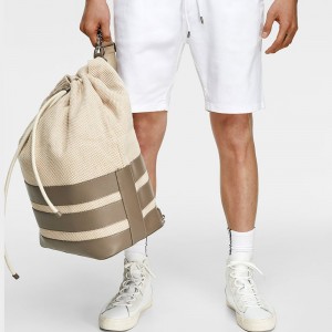 Custom Beige Canvas Fashion Bucket Drawstring Backpack Bagpack For Men