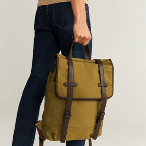 Custom Waterproof Khaki Canvas With Leather Trim Fashion Backpack Bag For Men