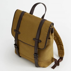 Custom Waterproof Khaki Canvas With Leather Trim Fashion Backpack Bag For Men