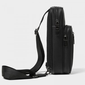 Custom Black Leather Mens Crossbody  Chest Bag One Shoulder Backpack