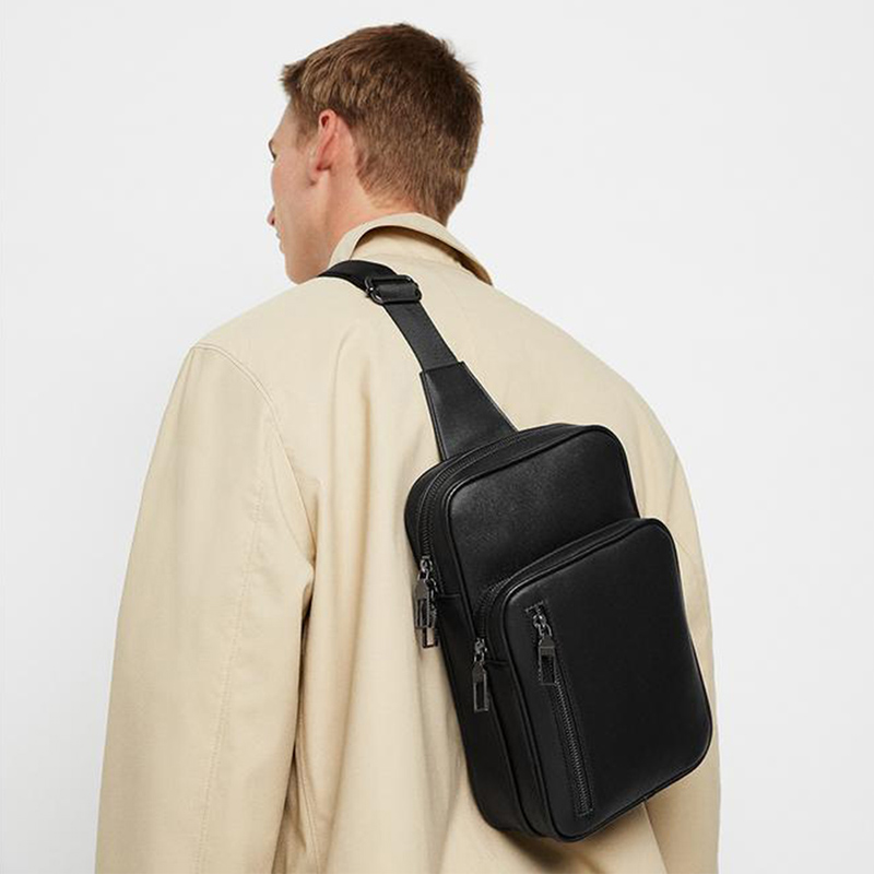 Wholesale Custom Mens Bifold Wallet Suppliers –  Custom Black Leather Mens Crossbody  Chest Bag One Shoulder Backpack – Champion