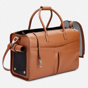 Custom Brown Leather Pet Cat Dog Travel Carrier Weekender Bag Manufacturer