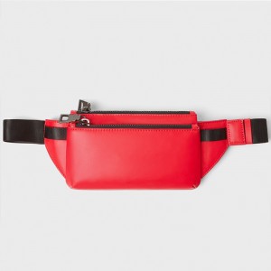 Custom Red Leather Mens Crossbody Belt Bag Double Zip Waist Bag