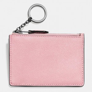 Custom Pink Crossgrain Leather Zip ID Card Holder Wallet With Keychain For Women