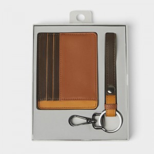 Custom Contrasting Color Leather Slim Mens Card Holder With Key Chain