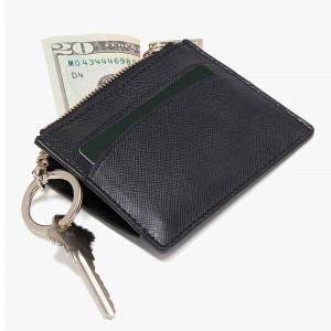 Custom Black Saffiano Leather Women Card Holder With Keychain Manufacturer