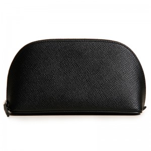 Custom Black Saffiano Leather Women Zip Makeup Case Cosmetic Pouch Manufacturer