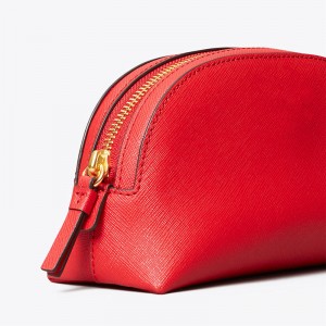 Custom Red Saffiano Leather Women Zip Makeup Bag Cosmetic Case Manufacturer