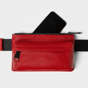 Custom Red Leather Men Zip Belt Waist Bag Fanny Pack Manufacturer