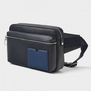 Custom Navy Leather Men Fanny Pack Belt Waist Bag Manufacturer