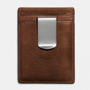 Custom Brown Leather Slim Mens Card Holder With Money Clip Manufacturer