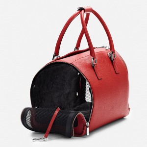 Custom Red Pebble Leather Pet Cat Dog Travel Tote Carrier Bag Manufacturer