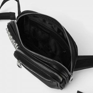 Custom Black Leather Mens Studded Belt Bag Fanny Pack Manufacturer