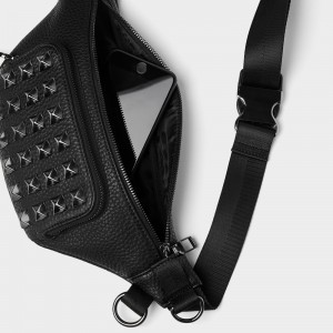 Custom Black Leather Small Men’s Studded Crossbody Belt Waist Bag Manufacturer