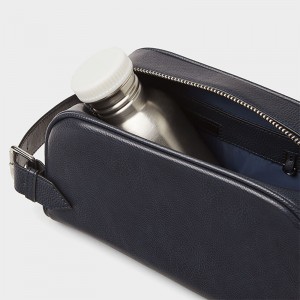 Custom Navy Leather Dopp Kit Toiletry Wash Bag For Men