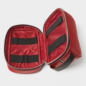 Custom Red PU Leather Zip Mens Dopp Kit Toiletry Wash Bag Manufacturer