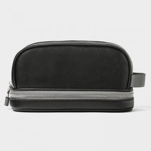 Custom Black Leather Zip Dopp Kit Toiletry Wash Bag For Men