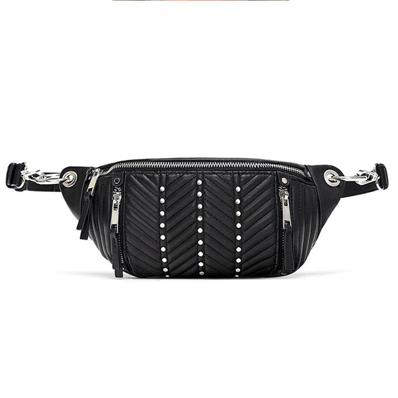Wholesale Custom Side Purse –  OEM Black Quilted Leather Fanny Pack Women Studded Waist Bag Manufacturer – Champion
