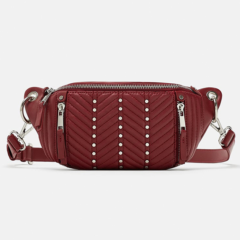 Wholesale Custom Handbags Women –  Custom Red Quilted Leather Fanny Pack Women Studded Belt Bag – Champion