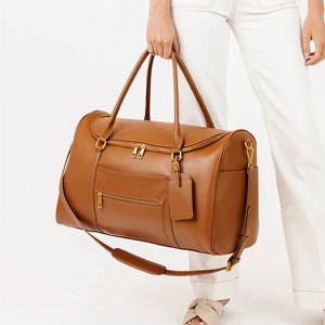 Custom Brown Pebble Leather Women Duffle Overnight Weekender Bag Manufacturer