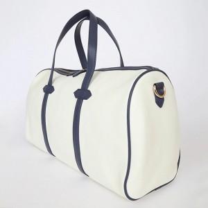 Custom Fashion Ivory Canvas And Navy Leather Women Overnight Bag